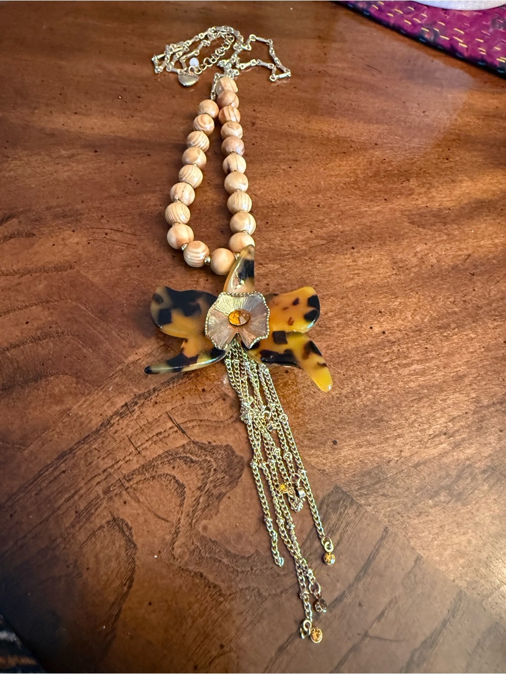Betsy Johnson Wood Bead Necklace with Tortoiseshell Flower Pendant - Gold Accent - Picture 2 of 3